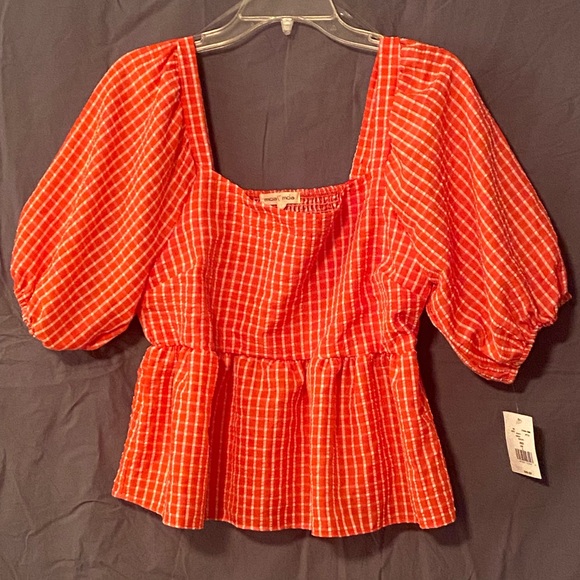 Moa Moa Tops - Moa Moa Puff Sleeve/Peplum Orange/red orange blouse NWT; Large from Dry Goods